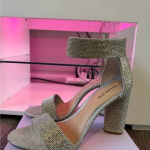 Gianni Bini Silver Sparkle Block Heel Ankle Strap Sandals